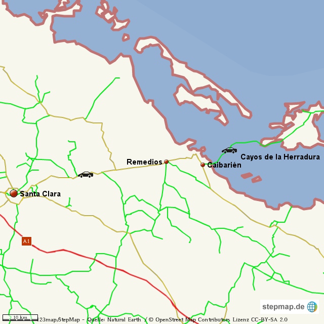 Kuba Reisen Karte der Route Remedios - Cayos Kuba Karte Remedios - Cayos